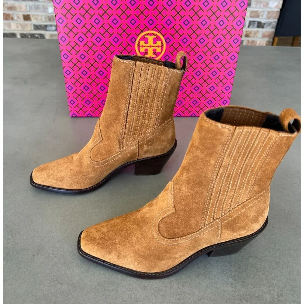 Tory Burch Western Suede Leather Women's Ankle Bootie Rhum Size 5